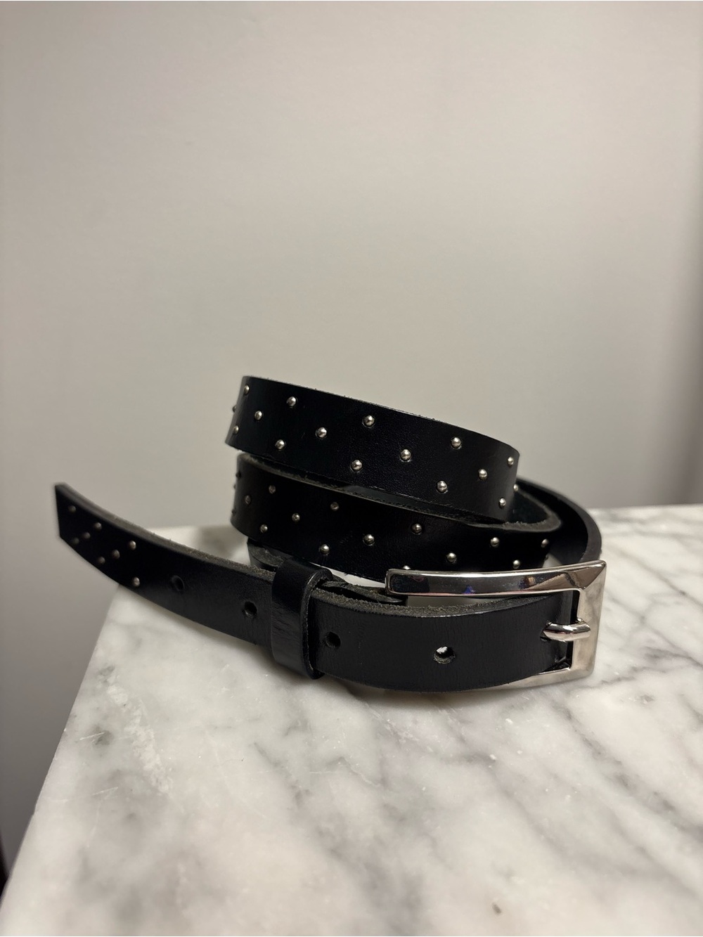 Vintage Sangiorgio Skinny Black Leather Studded Belt Made in Italy Biker Moto